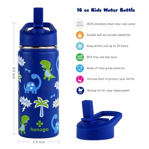16 oz Stainless Steel Insulated Kids Water Bottle, Leak Proof Metal Thermal Flask with Straw lid, Cute Toddler Tumbler Cup for School Girls & Boys (Blue, Dino) - color: Blue, Dino
