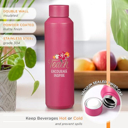 Christian Art Gifts Stainless Steel Double Wall Vacuum Sealed Travel Insulated Water Bottle for Women & Teachers: Teach, Encourage, Inspire Cute Leak/Spill-proof Scratch Resistant, Fuschia Pink, 20 oz - color: Teach/Fuschia