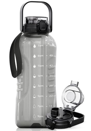 AQUAFIT 64 oz Water Bottle with Handle, 2in1 Lid | BPA Free Half Gallon Water Bottle with 2in1 Straw and Chug Lid - Leakproof Gym Water Bottle with Time Marker (Gray) - color: Gray