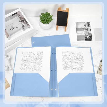 Yeaqee 50 Pcs Plastic Folders with Pockets Bulk 3 Hole Punched 2 Pocket File Folders for 3 Ring Binder Divider Folder for Notebooks, Durable Poly for Office Home (Haze Blue) - color: Haze Blue