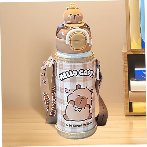 Capybara Water Bottle with Lid & Straw 520ml Stainless Steel Cute Water Bottle Portable Drinking Cup with Cup Sleeve and Strap for Office School Travel Girls.
