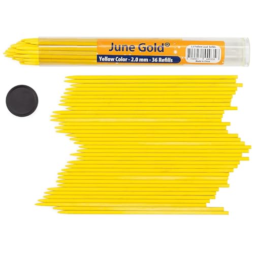 June Gold 36 Yellow (Pineapple #103) Colored 2.0 mm Refills, 90 mm Length | Bold Thickness for Heavy Use, Break / Smudge Resistant Lead, Travel Carrying Tube, Pre-Sharpened - color: Yellow (Pineapple #103)