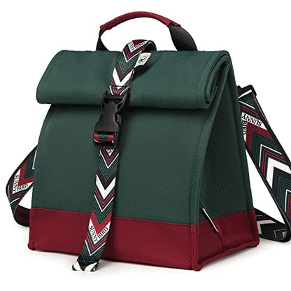 SUNNY BIRD Insulated Lunch Bag Rolltop Lunch Box (Green with Boho strap) - color: Green with Boho strap