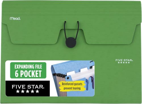 Five Star Expanding File Organizer, 6-Pocket Accordian File Organizer, Bungee Closure, Holds 8-1/2" x 11" Paper, Forest Green (350100D-ECM) (Pack of 6) - color: Forest Green, size: Pack of 6