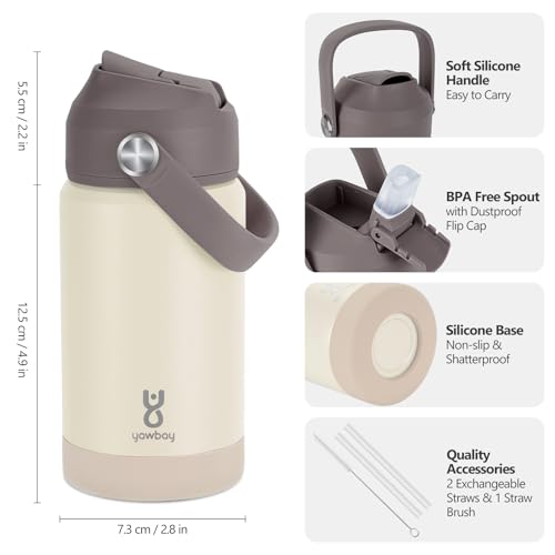 Kids Insulated Water Bottle with Straw Lid & Silicone Handle,12oz Kids Leak Proof Water Bottle for School Boys Girls,Double Wall Vacuum Stainless Steel with Non-slip Silicone Base(Beige) - color: Beige, size: 12 Ounces