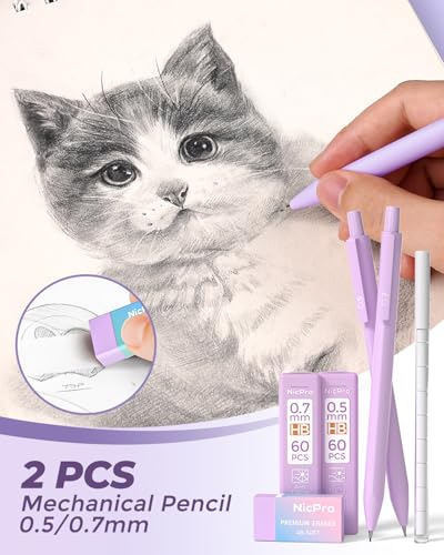 Nicpro 22PCS Pastel Gel Ink Pen Set, Cute Retractable Aesthetic Pen and Pencil, 13 Black Ink Pens with 2 Highlighter, 2 Mechanical Pencil 0.5 0.7mm, Smooth Writing Pens for School, Office(Purple) - color: Purple