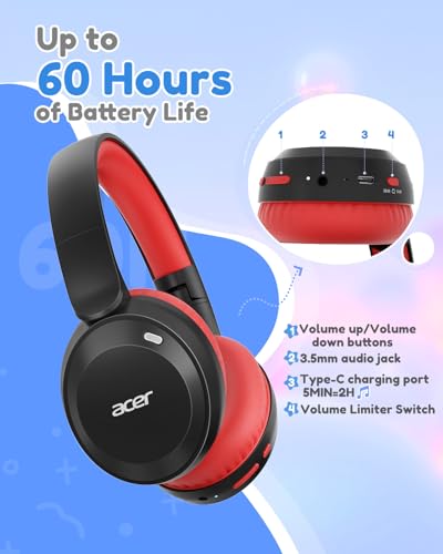 Acer Kids Bluetooth Headphones, 85/94dB Volume Limiter, Foldable Wireless Over-Ear Headphones for iPad, Travel, 60H Playtime, Bluetooth 6.0, Built-in Mic, Black Red - color: Black Red