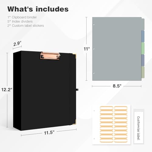 Ospelelf 3 Ring Binder, 2 Inch, Cute Letter Size (11" x 8.5") with 5 Tab Dividers, File Folder Labels and Low Profile Clipboards, Black for School and Office Supplies - color: Black, size: 2in（Letter Size）
