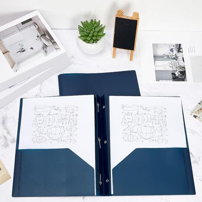 Yeaqee 30 Pcs Plastic Folders with Pockets and Prongs Plastic Folder 2 Pockets 3 Prongs with Card Slot for Office, School for Students, Teachers, Office Workers (Navy Blue) - color: Navy Blue