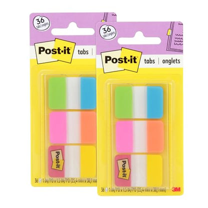 Post-it Tabs, 1 in, 36/Dispenser, Pack of 2 | 6 Colors | Solid Style - size: 0.4" x 2.8" (36 Count, Pack of 2)