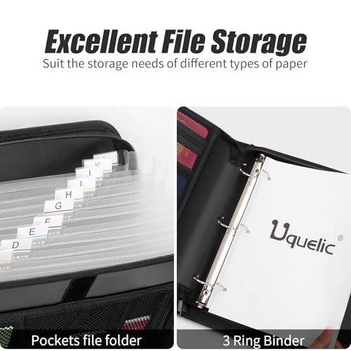 Uquelic Accordion File Organizer Binder with Multi-Pockets, 13 Pockets | Expanding Folders with Handle and Labels, Portable Home Travel Safe Storage for Letter A4 Files and More (Black)