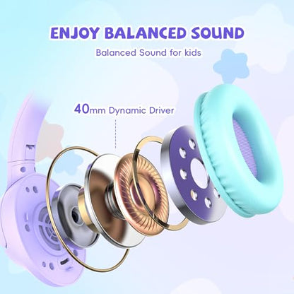 [Purple + Blue] Kids Headphones for School Travel, 85/94dB Volume Litmit, HD Mic Stereo Sound Wired Over-Ear Toddler Girls Boys Headphones for Kid, Foldable 3.5mm for Tablet