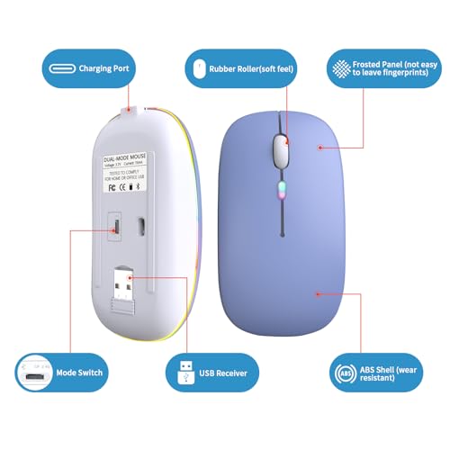 Wireless Bluetooth Mouse, Rechargeable, LED, Silent, Ultra-thin Design (Bluetooth 5.2 and 2.4GHz USB Receiver) | Portable Computer Mouse for Laptops, iPads, MacBooks and Apple Devices (purple) - color: purple
