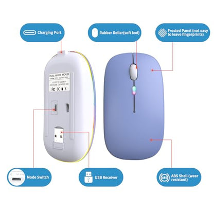 Wireless Bluetooth Mouse, Rechargeable, LED, Silent, Ultra-thin Design (Bluetooth 5.2 and 2.4GHz USB Receiver) | Portable Computer Mouse for Laptops, iPads, MacBooks and Apple Devices (purple) - color: purple