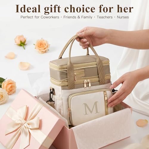 LOKASS Personalized Initial Lunch Bag for Women, Double Deck Insulated Cooler Lunch Bag with Strap, 16L Large Leakproof Adult Lunch Box for Work, Picnic, Travel, Teachers, Nurses, Friends - M - color: M