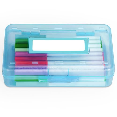 Sooez Pencil Box with Personalized Sticker,Large Hard Pencil Case Organizer | Clear Plastic Crayon Box for Girls and Boys, Colored Marker Organizer, Small Plastic Containers/Bins with Lids, Art Supply - color: Light Blue