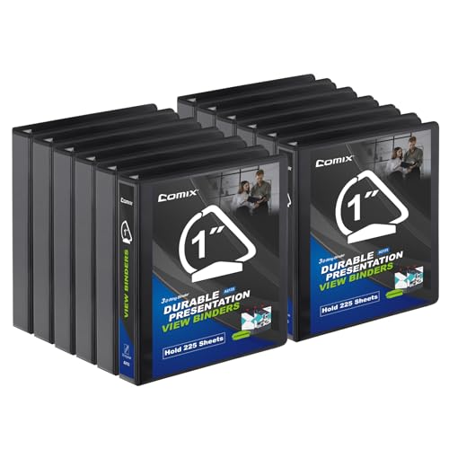 Comix D-Ring Basic View Binder 1 inch 3 Ring Binders, 2.4mm-Thick, Hold 225 Sheets of 8.5" x 11" Paper, 12 Pack (Black) - color: Black, size: 1-Inch, style: 12 Pack