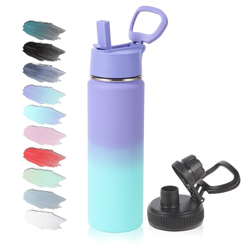 Volhoply 20oz Insulated Stainless Steel Water Bottle with Straw Lid, Kids Wide Mouth Double Wall Vacuum Cups with Handle,Reusable Outdoor Sports Metal Bottles,Camping Travel Flask(Purple Blue,1) - color: Purple Blue