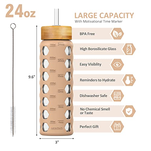 MUKOKO 24oz Glass Water Bottle, Amber | Glass Tumbler with Straw, Drinking Bottles with 2 Lids-Handle Spout Lid & Bamboo Straw Lid, Silicone Sleeve, 1 Pack - color: Amber, size: 24 Ounces