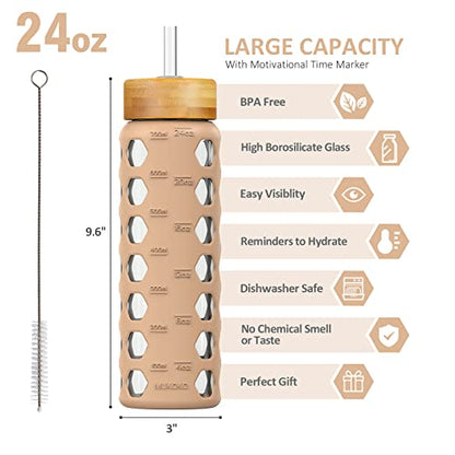 MUKOKO 24oz Glass Water Bottle, Amber | Glass Tumbler with Straw, Drinking Bottles with 2 Lids-Handle Spout Lid & Bamboo Straw Lid, Silicone Sleeve, 1 Pack - color: Amber, size: 24 Ounces