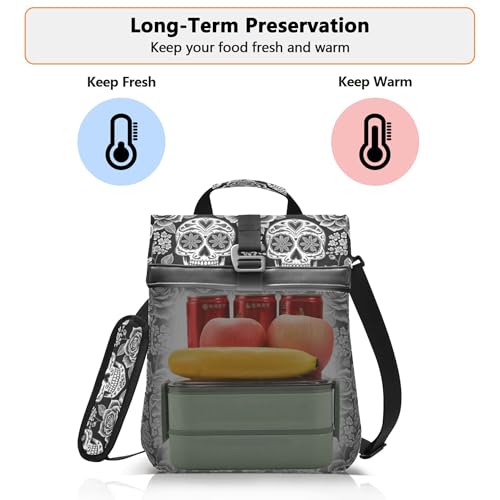 MNSRUU Insulated Lunch Bags Women Men, Abstract Floral Skulls Portable Reusable Thermal Meal Tote Cooler Bag Organizer, Adjustable Shoulder Strap, Handle - color: Skulls 035
