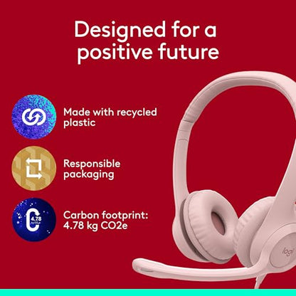 Logitech H390 Wired Headset for PC/Laptop, Stereo Headphones with Noise Cancelling Microphone, USB-A, in-Line Controls, Works with Chromebook - Rose - color: Rose, style: USB-A