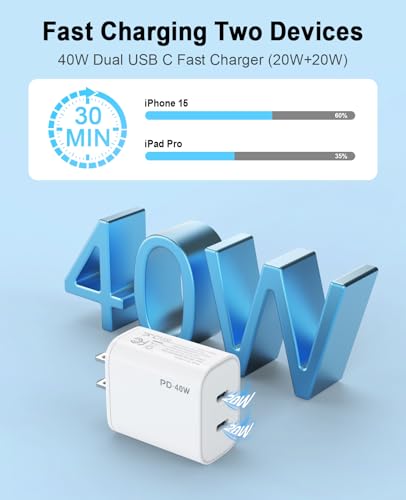 iPhone 17 16 15 Charger, 4 Pack 40W USB C Charger Dual Port Fast Charging Block (4-Pack 6 ft USB C to C Cable Cord Included) for iPhone 17 16 15 Pro Max/15Pro/15/15Plus,iPad | USB C Charger Fast Charging (4-Pack 6 ft USB C to C Cable Cord Included) for iP