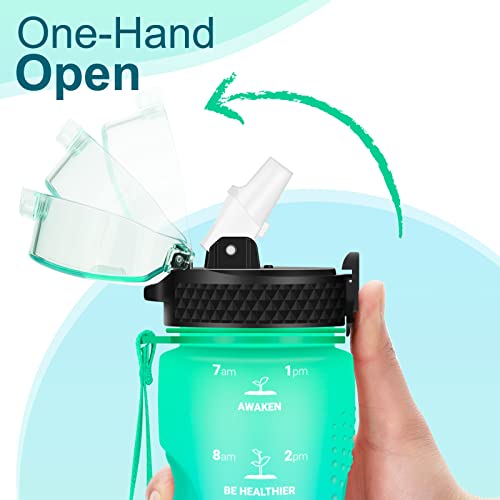 24 OZ Motivational Kids Water Bottle With Time Marker,Straw Lid,Leak Proof, Tritan BPA Free Sports Water Bottle Green-Blue(1 Lid) - color: Green Blue