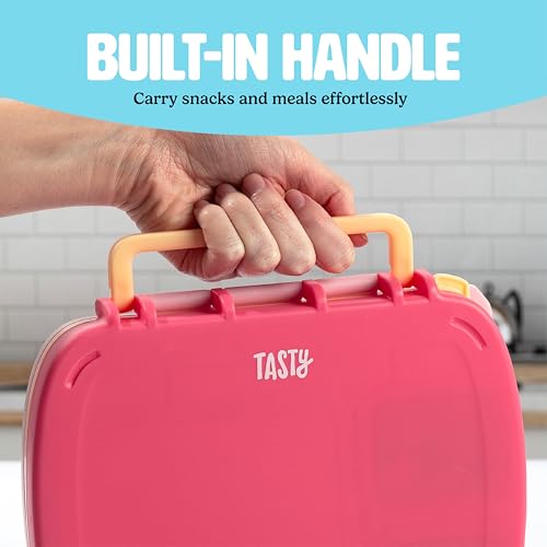 Tasty Bento Style Lunch Box, 4 Compartments with Built-In Phone Stand, BPA-Free Plastic, Portable Food Storage Container, Pink - color: Pink