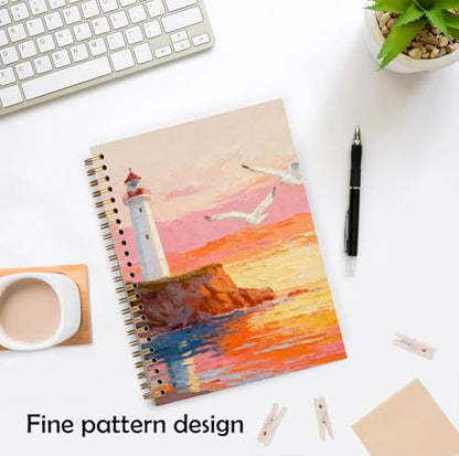XUNLURY Coastal Beach Notebook, Pastel Pink Coastal Lighthouse Sunset Journal, Nautical Ocean Aesthetic Journal, Beach Lover Gifts Hardcover Spiral Notebooks, 5.5x8.3 Inch - color: Color_B