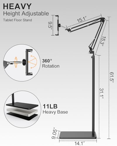 Tablet Floor Stand with 11lb Stable Base & Desk Clamp, Adjustable Height Stretchable Arm Swivel Dual Holder, Compatible with iPhone, iPad Pro Air Mini, Galaxy Tab, Kindle, Phones (4.5''-13'')