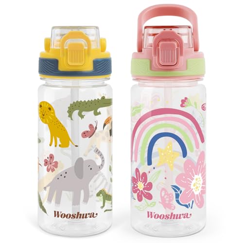 Kids 16 oz Water Bottle for School, Marine Animals/Flower | Plastic Straw Water Bottle with Silicone Spout and Leakproof Cover · Dishwasher Safe - color: Woodland Animals/Flower, size: 16oz (2 Packs)