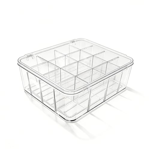 Socks Underwear Drawer Organizer, 16 Compartment Clear Plastic Storage Box with Lid & Adjustable Dividers, Tie Box, Tea Bag Organizer, Acrylic Organizer Box (12x10x3.9 Inch)