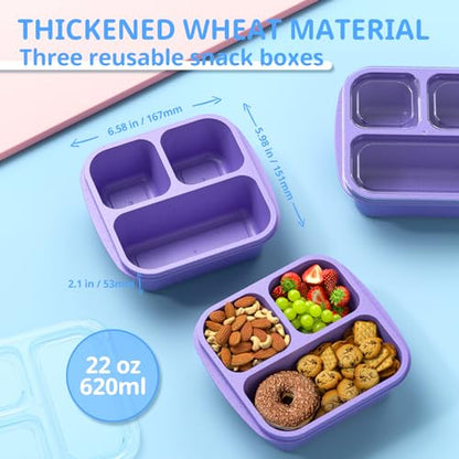 Snack Boxes (3 Pack) - Stackable Bento Boxes with 3 Compartments, Meal Prep Containers Reusable, Lightweight Lunch Containers for Kids and Adults, BPA Free (Purple) - color: Purple