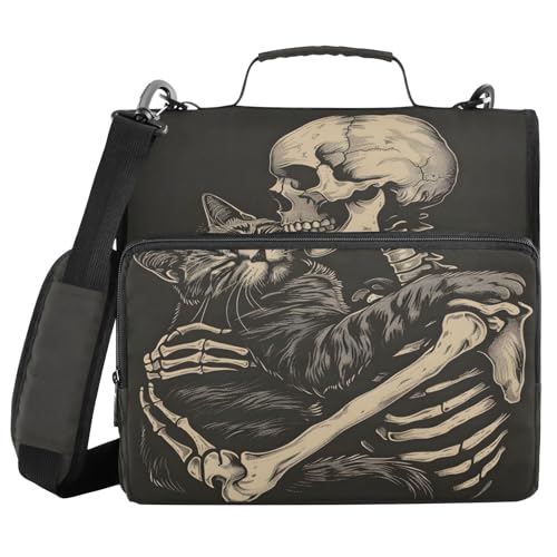 3 Ring Zipper Binder with Shoulder Strap Black Skulls Cats Gothic Style Binder Bag - color: Multicolored 06