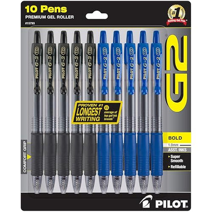 PILOT G2 Premium Gel Pens, 1.0mm Bold Point, Pack of 10 | Refillable & Retractable, 5 Black & 5 Blue Ink Pens
