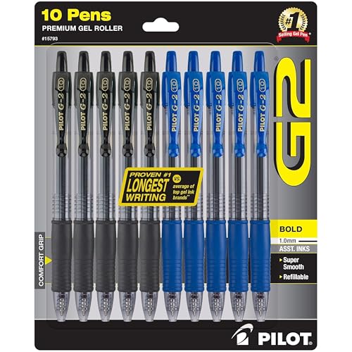 PILOT G2 Premium Gel Pens, 1.0mm Bold Point, Pack of 10 | Refillable & Retractable, 5 Black & 5 Blue Ink Pens