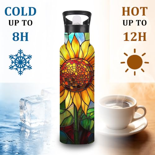 Insulated Water Bottle,Stained Glass 20 oz Stainless Steel Water Bottles with Straw Lid,Sunflower Colorful Leak Resistant Double Insulated Flask with Handle,Fits Cup Holder,Keeps Drinks Cold - color: Stained Glass,Sunflower Colorful