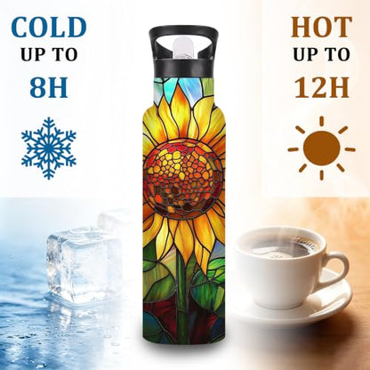 Insulated Water Bottle,Stained Glass 20 oz Stainless Steel Water Bottles with Straw Lid,Sunflower Colorful Leak Resistant Double Insulated Flask with Handle,Fits Cup Holder,Keeps Drinks Cold - color: Stained Glass,Sunflower Colorful