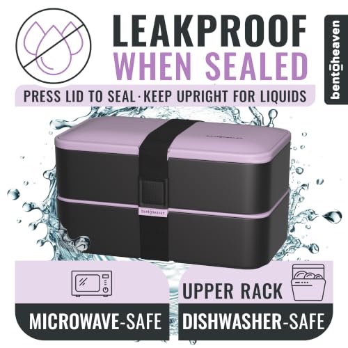 Bentoheaven Bento Box Adult, Stackable Lunch Box, 40 oz, Violet Me Go | BPA-free, leakproof and microwave-safe with 2 compartments, utensils, chopsticks, divider and sauce cup for men and women. - color: Violet Me Go