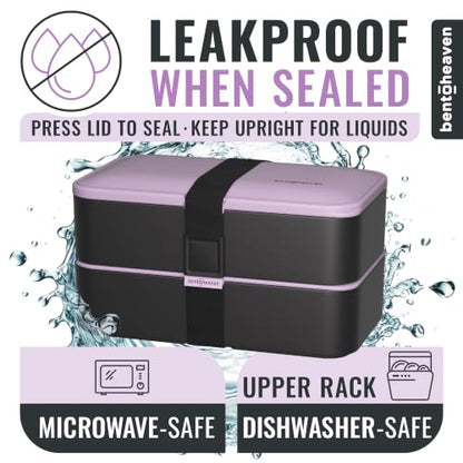 Bentoheaven Bento Box Adult, Stackable Lunch Box, 40 oz, Violet Me Go | BPA-free, leakproof and microwave-safe with 2 compartments, utensils, chopsticks, divider and sauce cup for men and women. - color: Violet Me Go