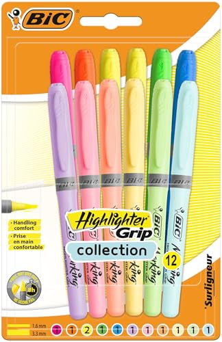 BIC Highlighter Grip, Ribbed Rubber Grip for Extra Comfort, Water-Based Ink, Assorted Intense and Pastel Colours, Pack of 12