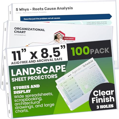 Performore 100-Pack Landscape Sheet Protectors | 11×8.5" Clear Top-Loading Sleeves | 3-Hole Punched, Acid-Free, Archival Safe Plastic for Binders, Scrapbooks, Photos & Documents - size: 100 Pack