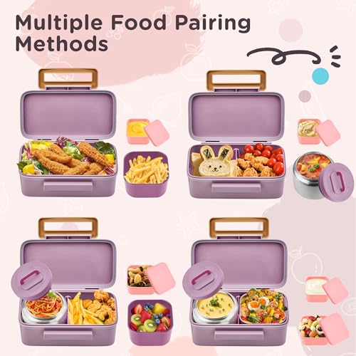 MAISON HUIS Bento Box for Kids with 8oz Soup Thermo, Insulated Lunch Bag & 17oz Water Bottle, 2-Compartment Bento Box with Built-In Ice Pack, Leak-Proof & BPA-Free - color: Pink2