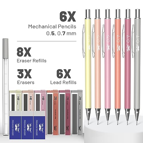 Mr. Pen- Cute Mechanical Pencil Set with Lead Refills & Erasers, 6 Pack | 2 Sizes, 0.5 & 0.7mm, 6x Tubes HB & 2B Lead Refill, 3x Erasers for School Supplies, Note Taking, Drawing, Sketching, Office