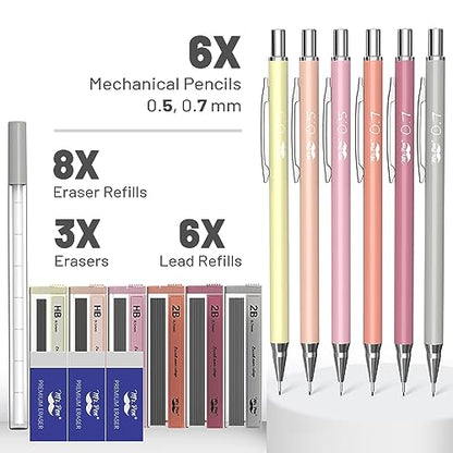 Mr. Pen- Cute Mechanical Pencil Set with Lead Refills & Erasers, 6 Pack | 2 Sizes, 0.5 & 0.7mm, 6x Tubes HB & 2B Lead Refill, 3x Erasers for School Supplies, Note Taking, Drawing, Sketching, Office
