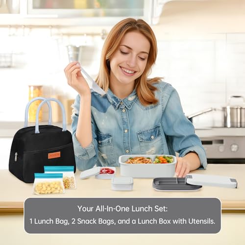 JBGOYON 4-in-1 Bento Box and Insulated Lunch Bag Set, Black/Gray | 6-hour insulation, 7.5 L lunch bag, leakproof 1.9 L container with 2 sauce cups, fork and spoon, 2 snack bags, BPA-fre - color: Gray