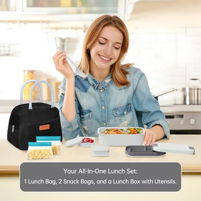 JBGOYON 4-in-1 Bento Box and Insulated Lunch Bag Set, Black/Gray | 6-hour insulation, 7.5 L lunch bag, leakproof 1.9 L container with 2 sauce cups, fork and spoon, 2 snack bags, BPA-fre - color: Gray