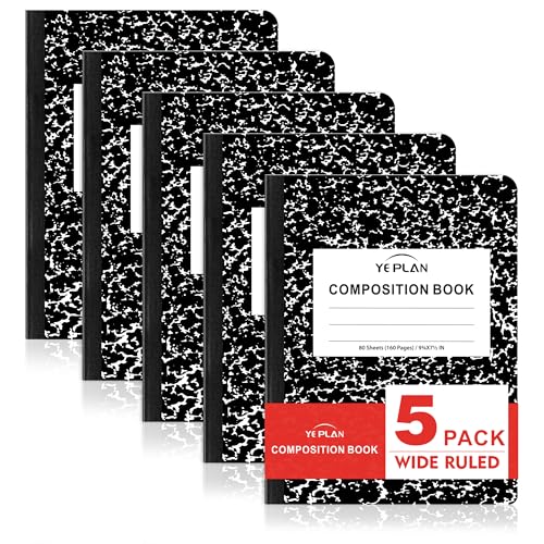 Yeplan Composition Notebooks 5 pack, Wide Ruled Notebook Paper, 9 3/4" x 7 1/2", 80 Sheets/160 Pages, Aesthetic Marble Composition Notebook for School & Office Supplies (5, Black) - color: 5 Black
