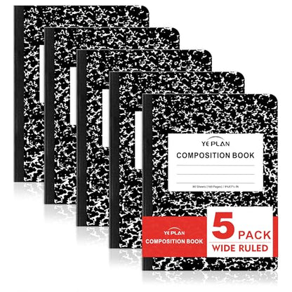 Yeplan Composition Notebooks 5 pack, Wide Ruled Notebook Paper, 9 3/4" x 7 1/2", 80 Sheets/160 Pages, Aesthetic Marble Composition Notebook for School & Office Supplies (5, Black) - color: 5 Black